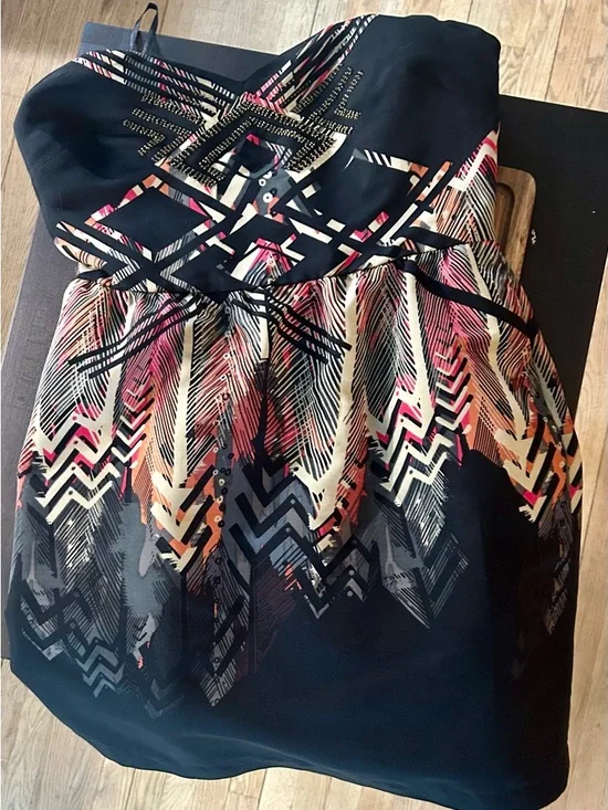 Ecote Strapless Black Sundress with Multicolor Feather Print - Picture 2 of 4